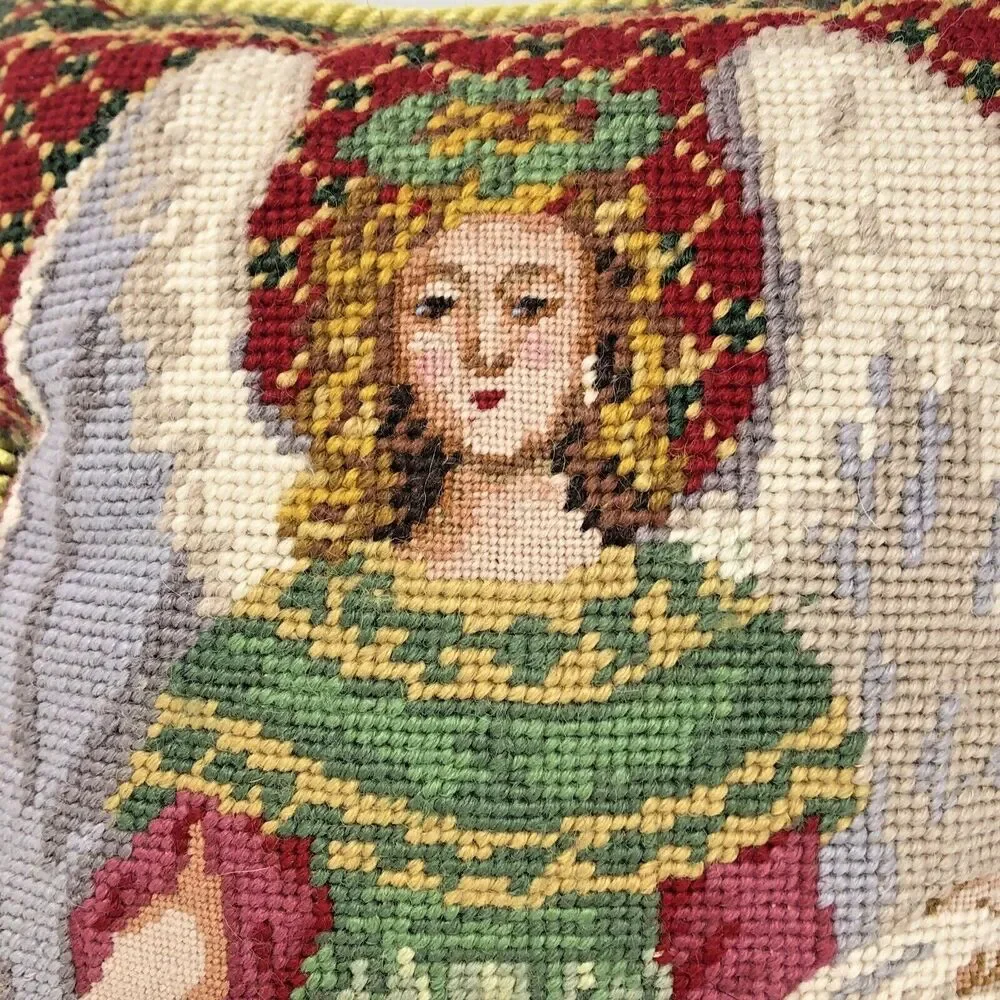 Vintage Victorian Angel Handmade Wool Needlepoint Pillow  9” Green Velvet Back